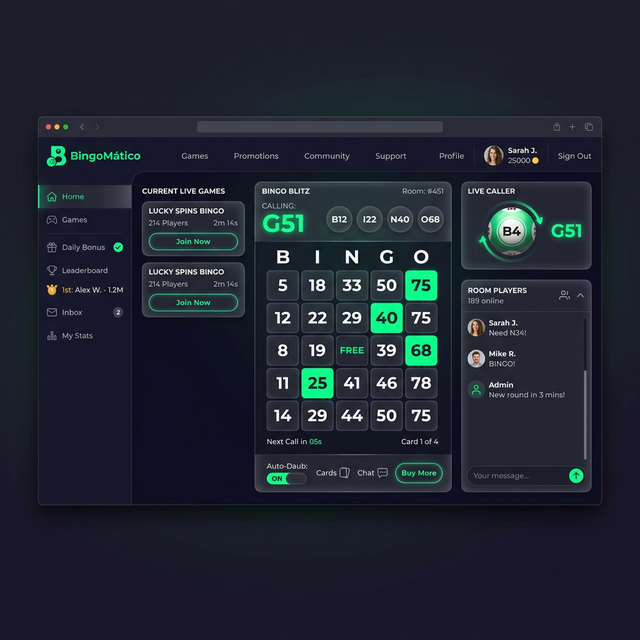 BingoMático — Plataforma de bingo online interactivo con sistema de juego en tiempo real.