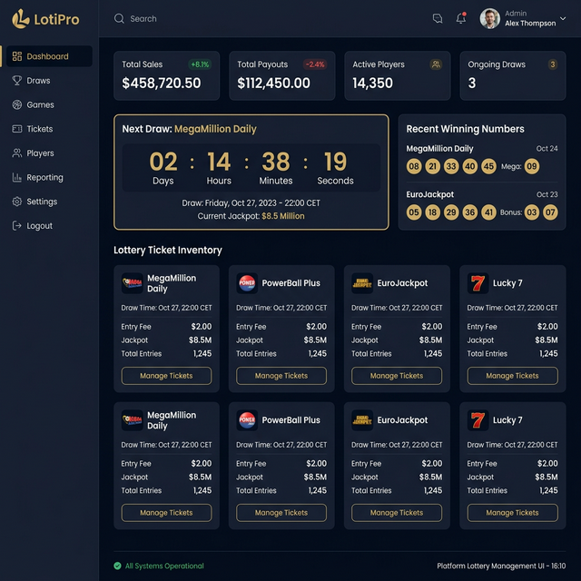 LotiPro — Sistema de lotería profesional con gestión de sorteos y tickets automatizados.